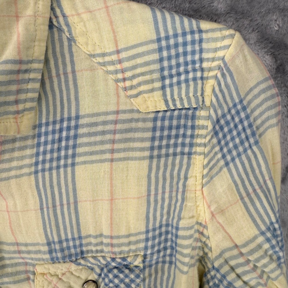 American Eagle Womens Plaid Snap Front Western Gauze Shirt Yellow Blue Size 10 - Picture 13 of 15